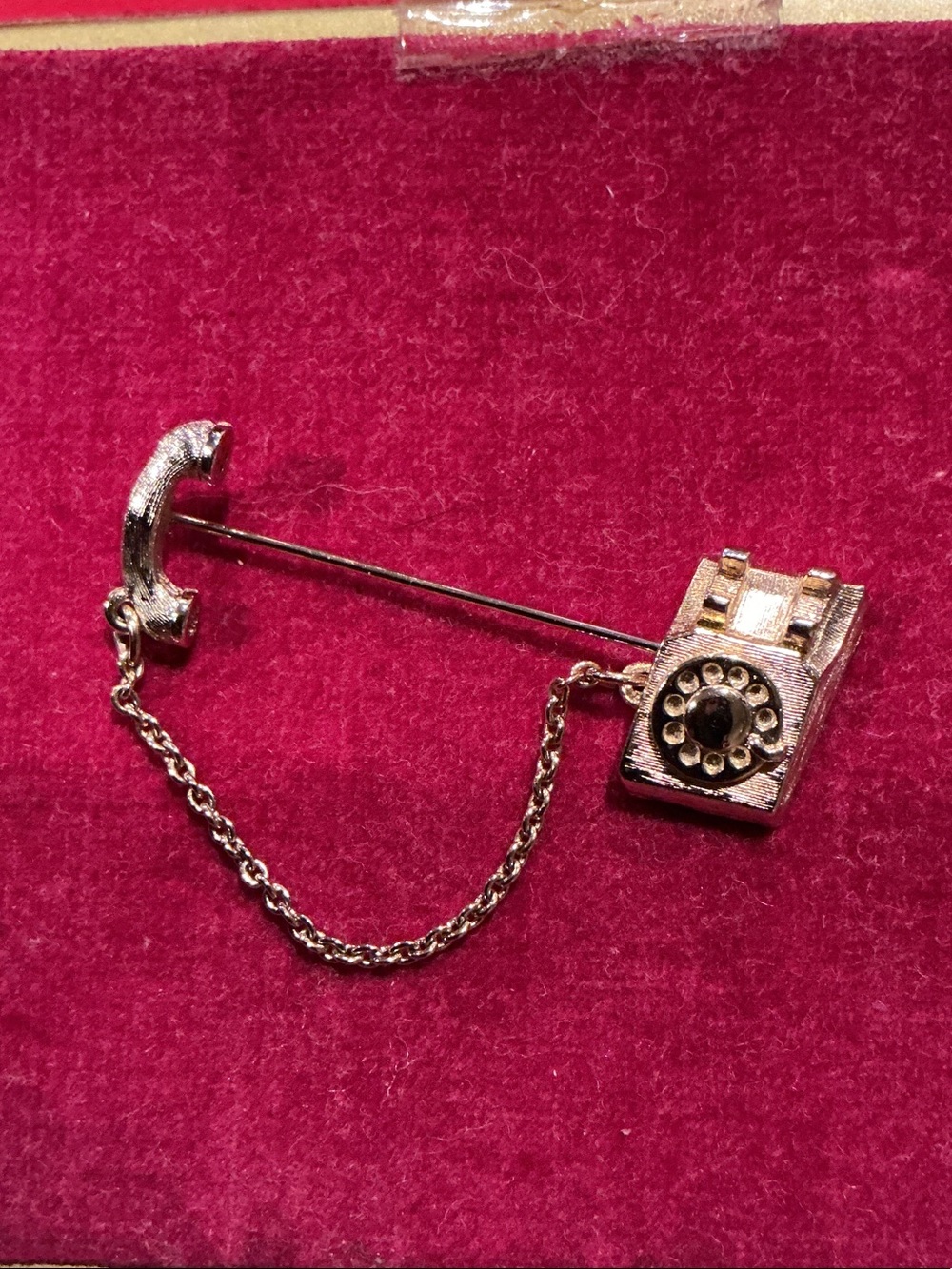Avon Gold Tone Vintage Telephone Brooch with Chain